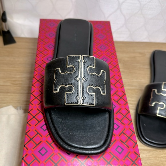 Tory Burch Shoes - New Tory Burch Double T Sport Women's Leather Logo Flat Slide Sandals size 8 1/2
